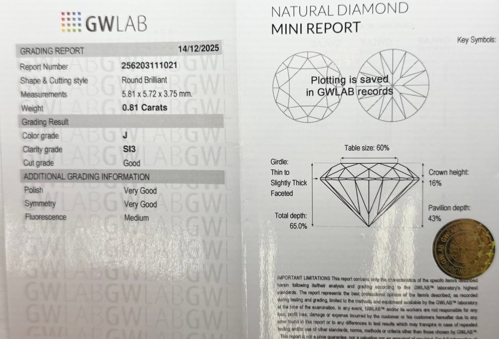 χωρίς τιμή ασφαλείας - 1 pcs Διαμάντι (Φυσικό) - 0.81 ct - Στρογγυλό - J - SI3 - Gemewizard Gemological Laboratory (GWLab) #2.1