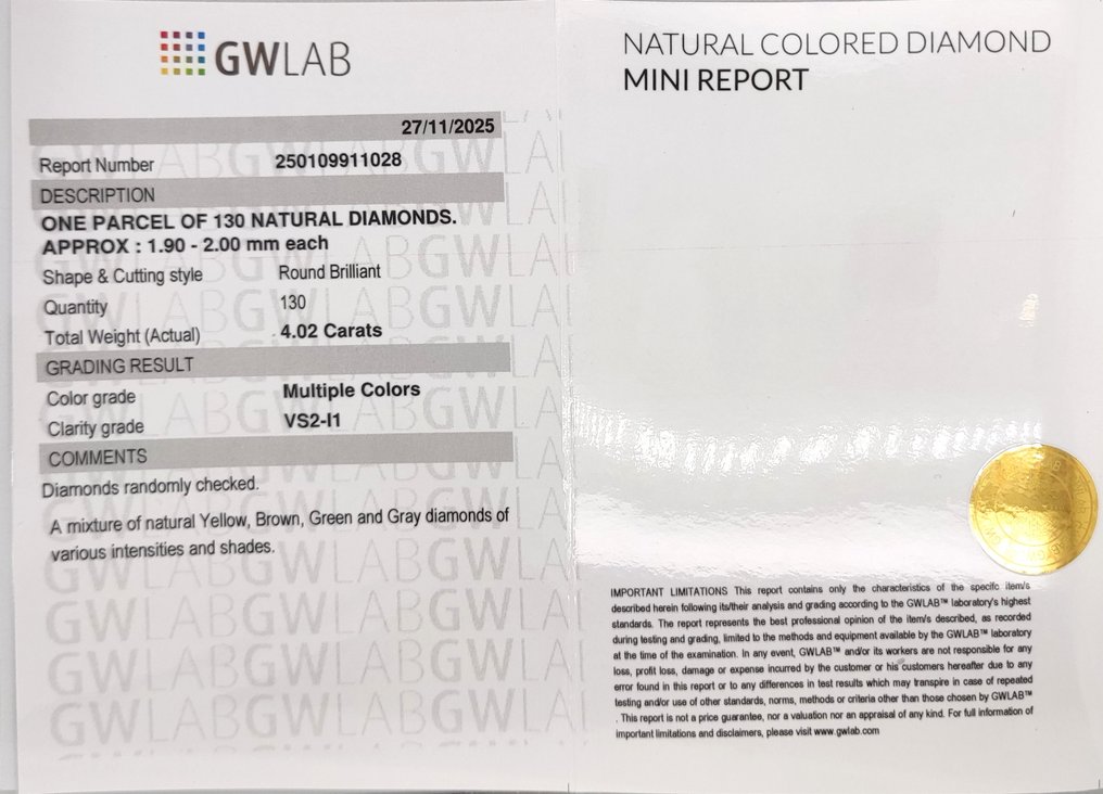 No reserve price - 130 pcs Diamond  (Natural coloured)  - 4.02 ct - Round Mixed colours - I1, VS2 - Gemewizard Gemological Laboratory (GWLab) #3.2