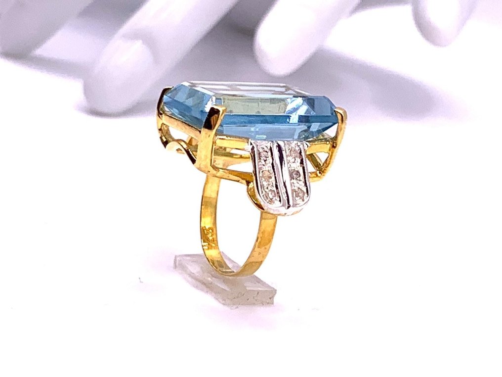 χωρίς τιμή ασφαλείας - Statement δαχτυλίδι - 9 kt. Κίτρινο χρυσό, Ασημί Ακουαμαρίνης - Διαμάντι #3.2
