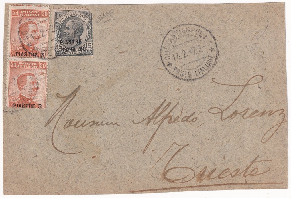 Levant - Constantinople 1922 - February 13, 3 values in plates with 1 vertical pair Sass 37+36 on the front for Trieste. #1.0