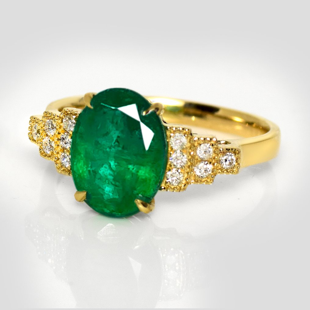 Sans prix de réserve - Bague - 14 carats IGI 2,61 ct ZAMBIA Vert Intense, Or jaune -  2.75ct. tw. Émeraude - Diamant #2.1