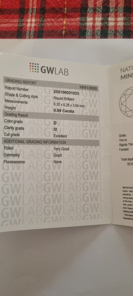 No reserve price - 1 pcs Diamond (Natural) - 0.99 ct - Round - D (colourless) - I2 - Gemewizard Gemological Laboratory (GWLab) #3.2