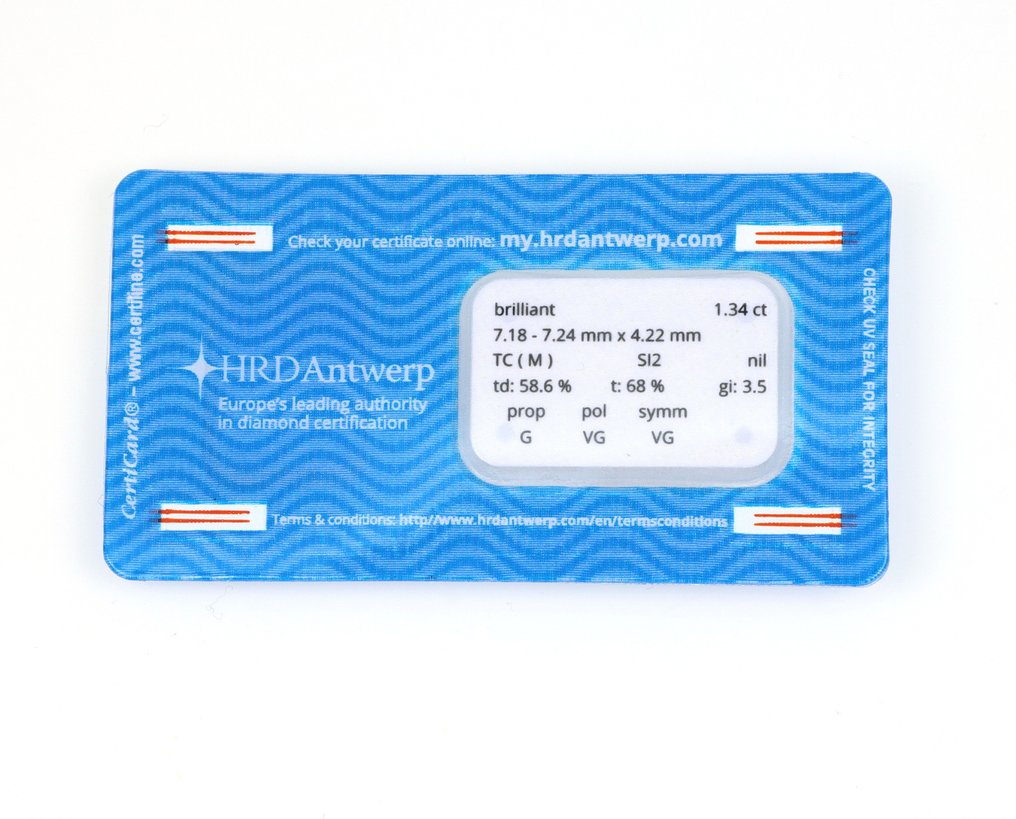 1 pcs 鑽石  (天然)  - 1.34 ct - 圓形 - M(微黃色、但仍擁有光芒和耀彩，) - SI2 - HRD Antwerp #3.2