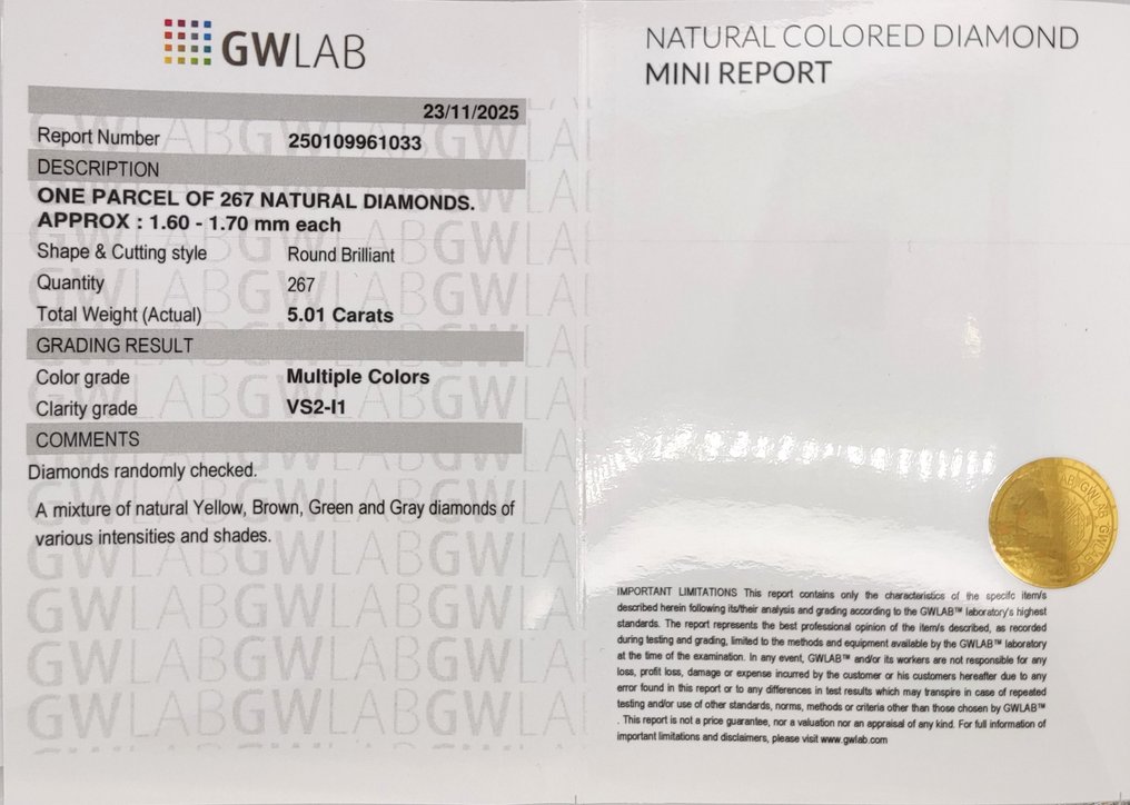 No reserve price - 267 pcs Diamond  (Natural coloured)  - 5.01 ct - Round Mixed colours - I1, VS2 - Gemewizard Gemological Laboratory (GWLab) #3.2
