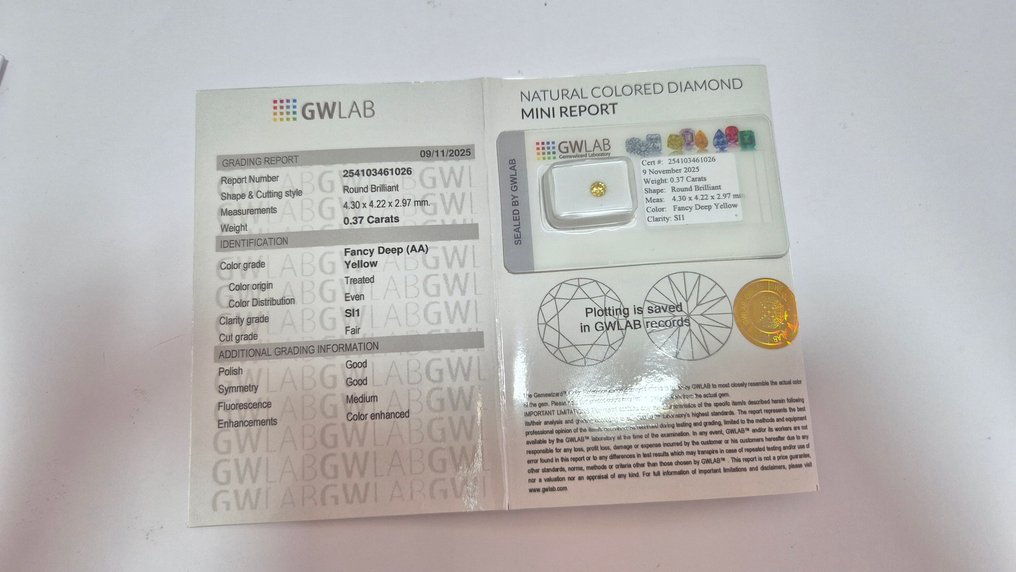 没有保留价 - 1 pcs 钻石 (经彩色处理) - 0.37 ct - 圆形 - Fancy deep 黄色 - SI1 微内含一级 - Gemewizard宝石实验室(GWLab) #4.3