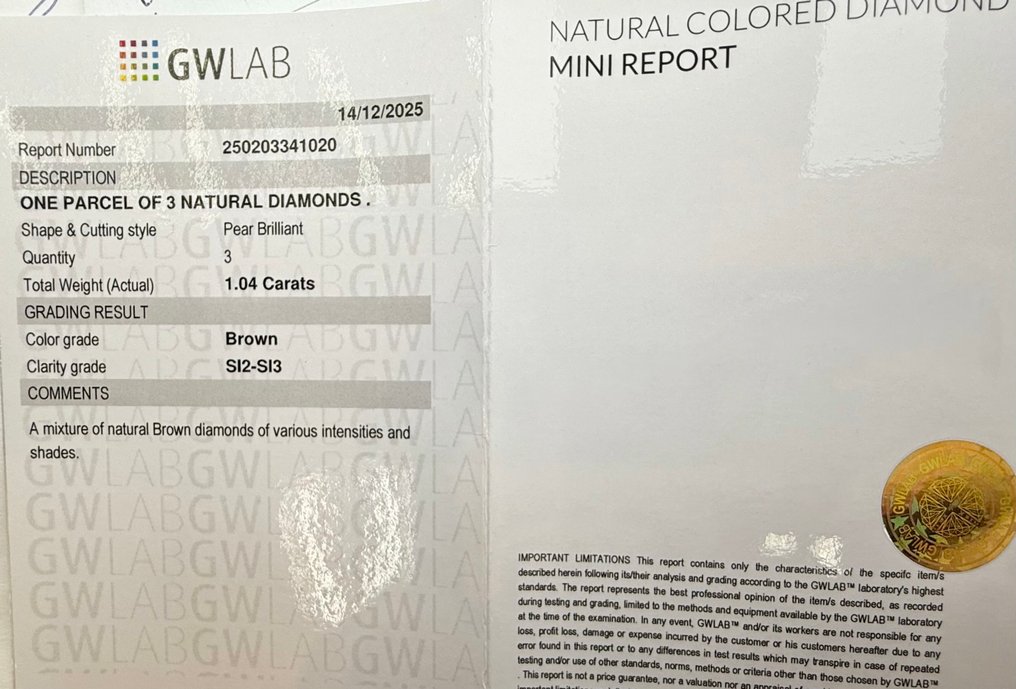 没有保留价 - 3 pcs 钻石  (天然色彩的)  - 1.04 ct - 梨形 棕色 - SI2 微内含二级, SI2 微内三含级 - Gemewizard宝石实验室（GWLab） #2.1
