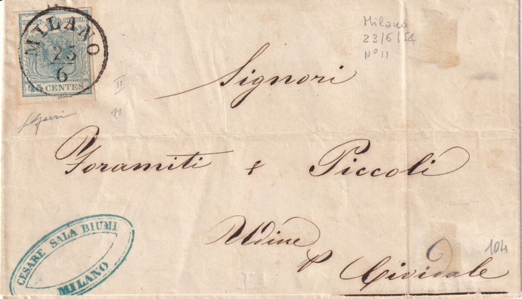 State Italiene Antice - Lombardo Veneto 1854 - 23 iun 45 c. Tipul albastru ardezie Sass 11 bine marginit pe coperta dură de Milano pentru Cividale. #1.0