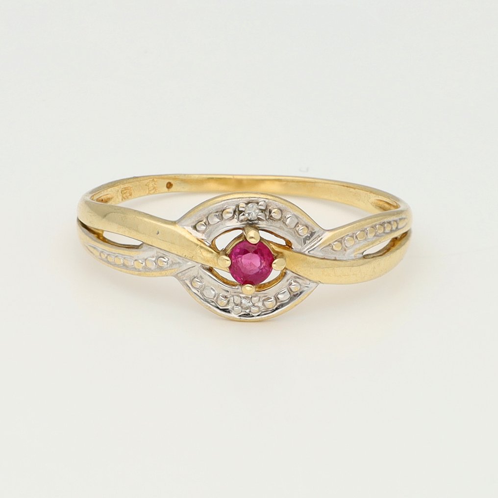 Ring - 18 kraat Gulguld, Hvidguld Diamant (Natur)  - Robijn #1.0