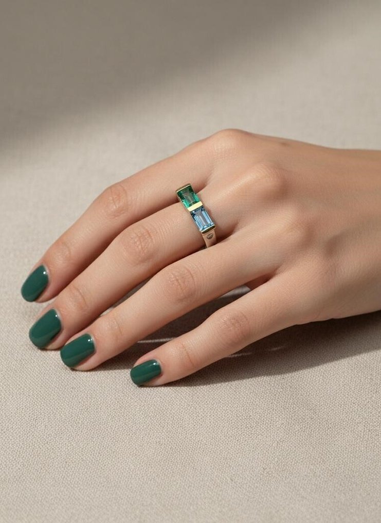 Zonder minimumprijs - Cocktailring - 18 karaat Geel goud, Zilver -  1.00ct. tw. Smaragd - Diamant #3.2