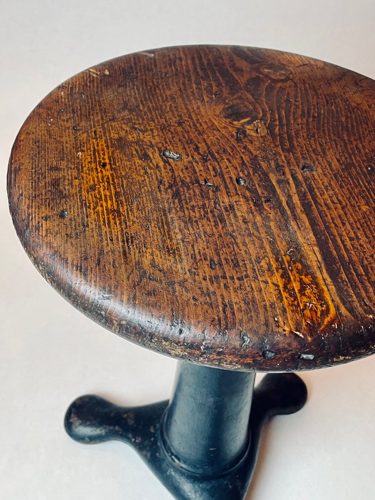 Sgabello - Treppiede in ghisa - Ghisa, Legno - Cric a vite industriale #1.0