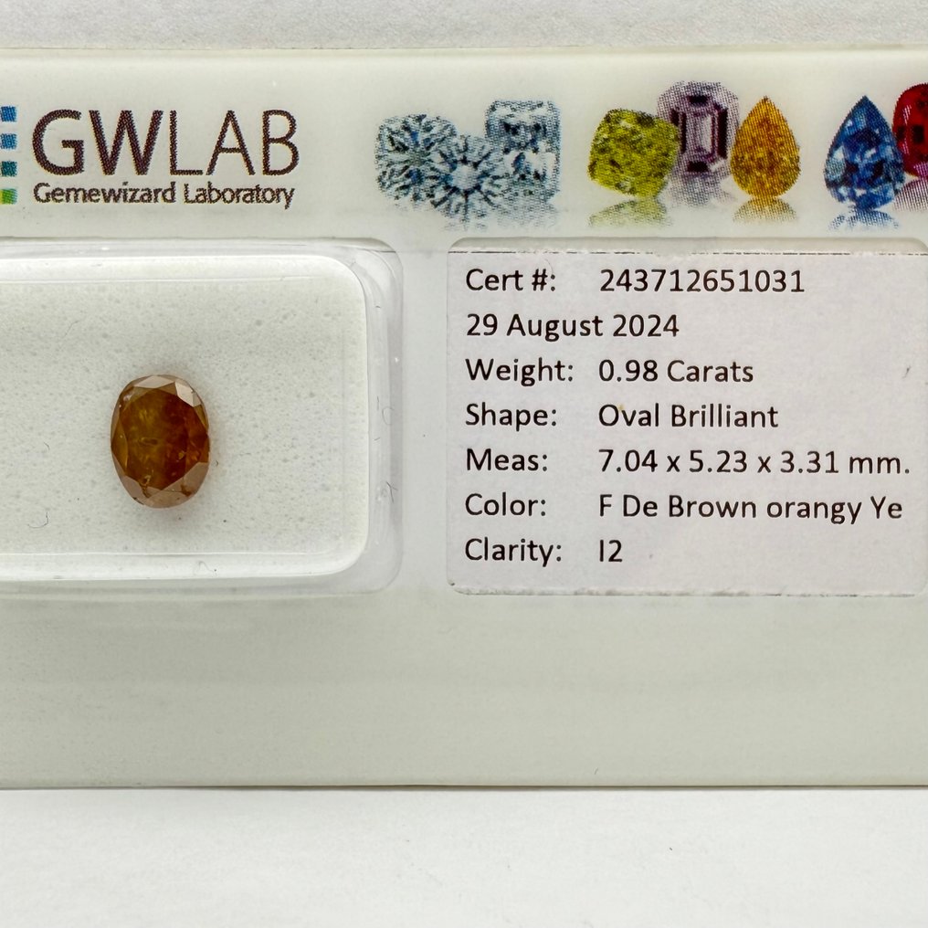 No reserve price - 1 pcs Diamond  (Natural coloured)  - 0.98 ct - Oval - Fancy deep Brown, Orange Yellow - I2 - Gemewizard Gemological Laboratory (GWLab) #1.0