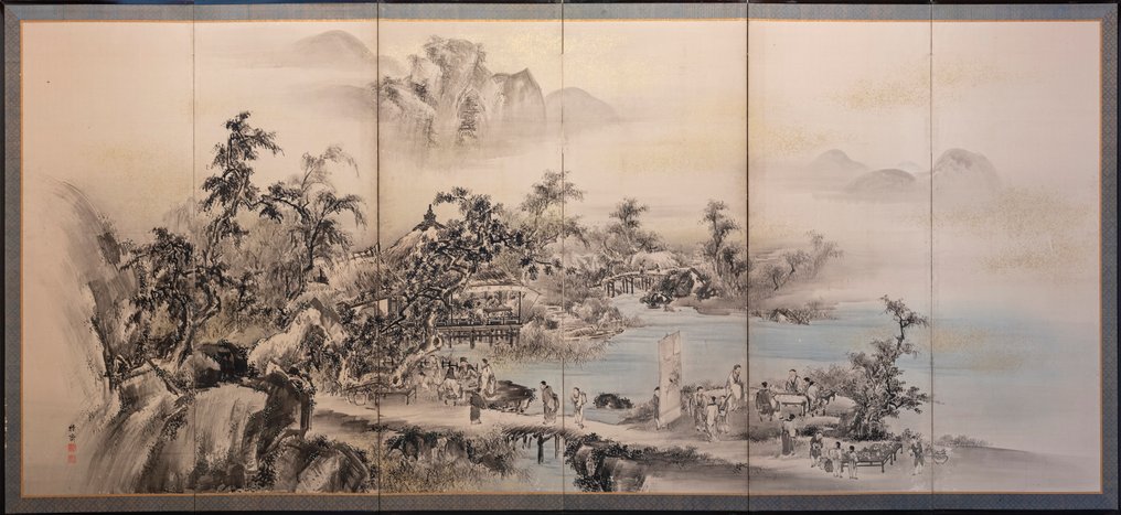 Byōbu folding screen - A six-panel Byōbu (屏風) folding screen of a lakeside landscape with Tang dynasty nobles - Signed - Japan - Edo-Meiji period (mid 19th century) #1.0