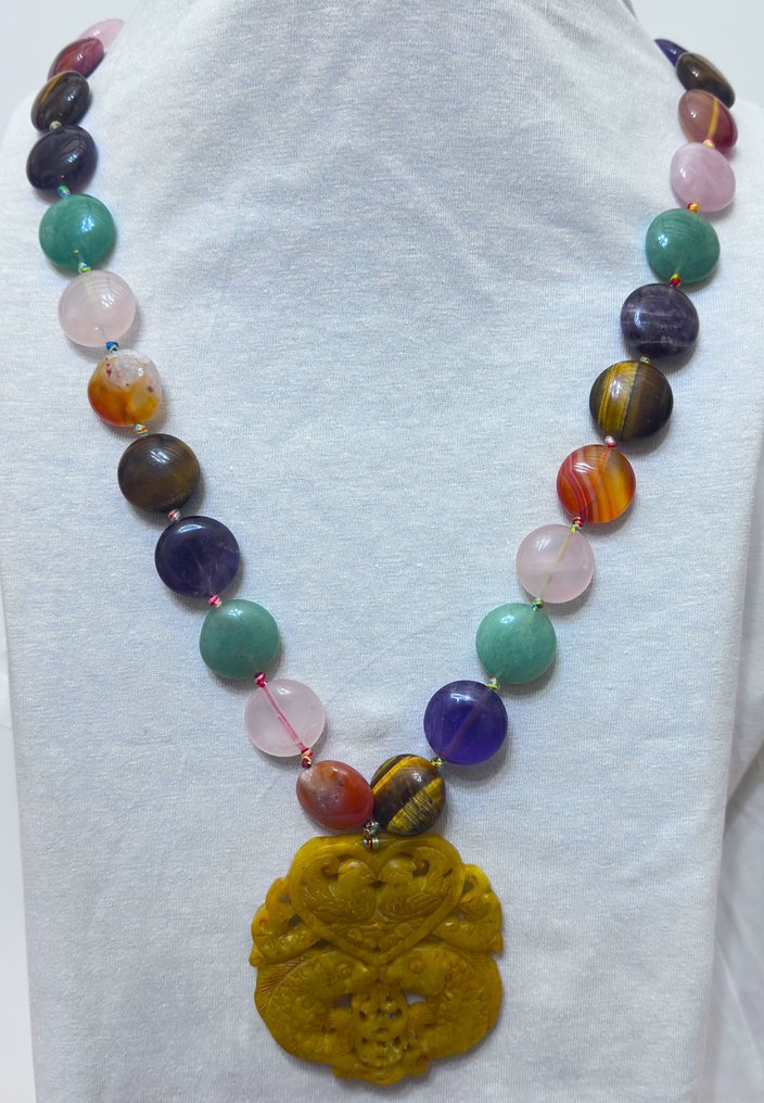 绿色 Aventurina；虎眼石；紫水晶；珊瑚……以及天然软玉藏族护符。 - 吊坠项链 - 高品质·925纯银 #1.0