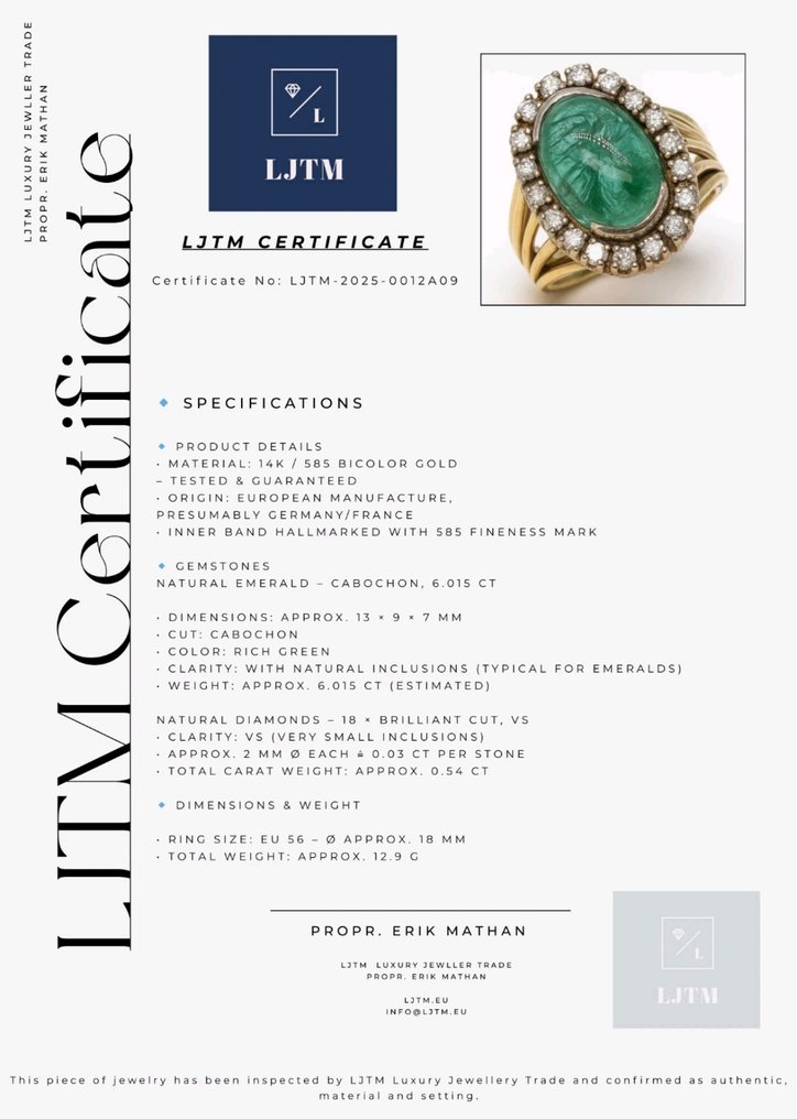Cocktailring - 14 karat Hvitt gull, Gull - 6.56ct. tw. Smaragd - Diamant - Cocktail 6 Carat Emerald #2.1