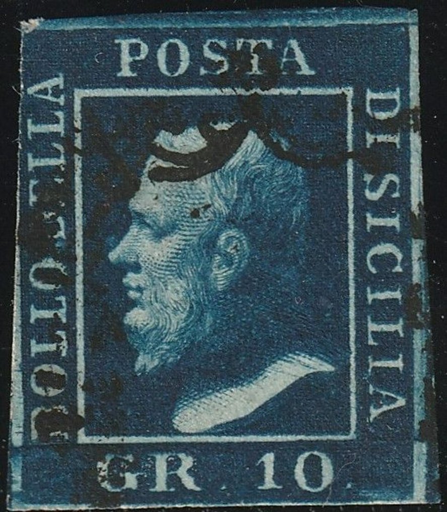 Anciens états italiens - Sicile 1859 - 10 g. bleu foncé avec retouche de la pos.21 Sass 12b usagé rare #1.0