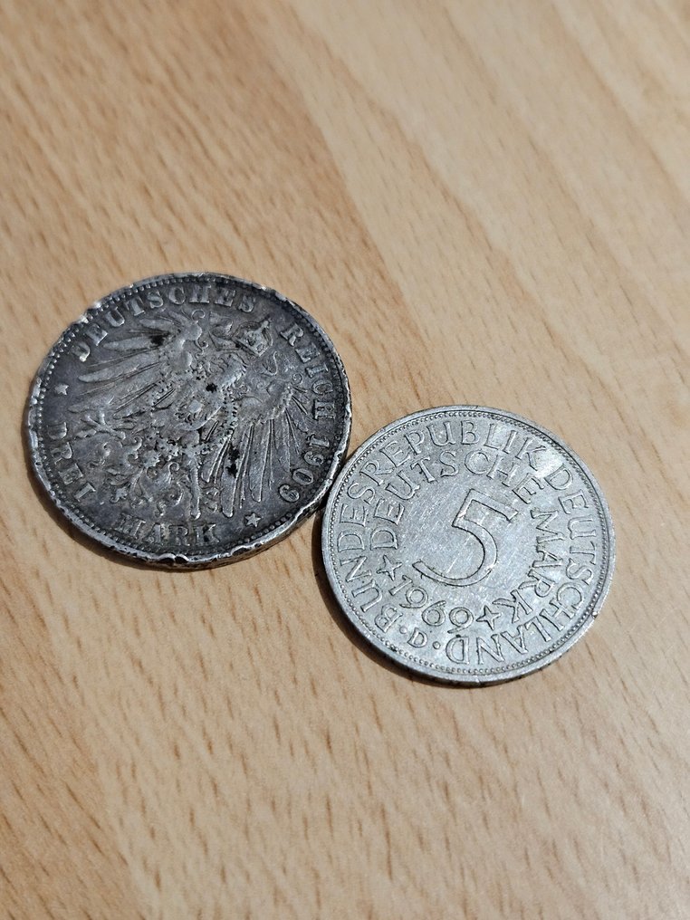 Germania. Lot of 2 coins: 3 Mark 1909 & 5 Deutsche Mark 1969  (Senza prezzo di riserva) #1.0