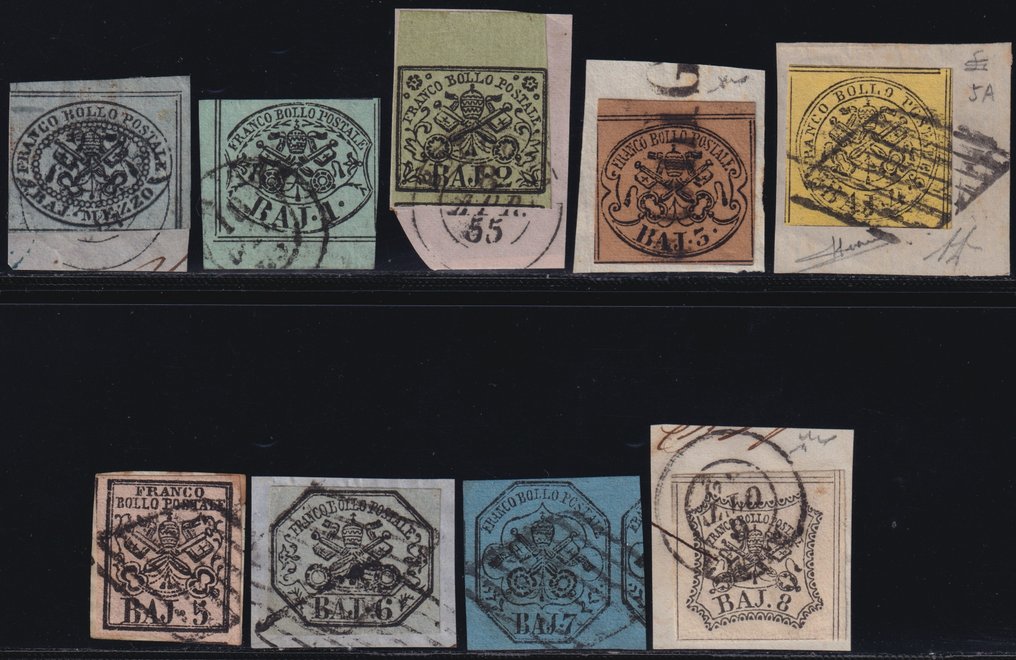 State Italiene Antice - Statul Papal 1852/67 - Seria I^ Em. de 9 valori de la 1/2 b. până la 8 b. Sass 1/9 bine marginit, utilizat pe framm. f. #1.0