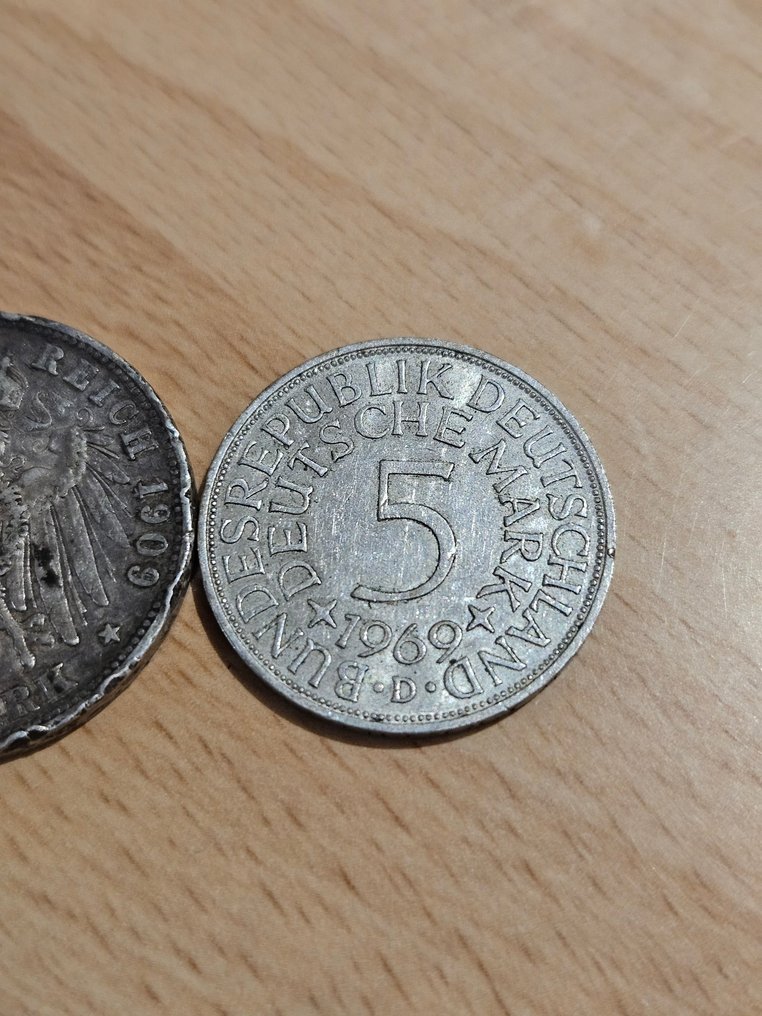 Germania. Lot of 2 coins: 3 Mark 1909 & 5 Deutsche Mark 1969  (Senza prezzo di riserva) #3.2