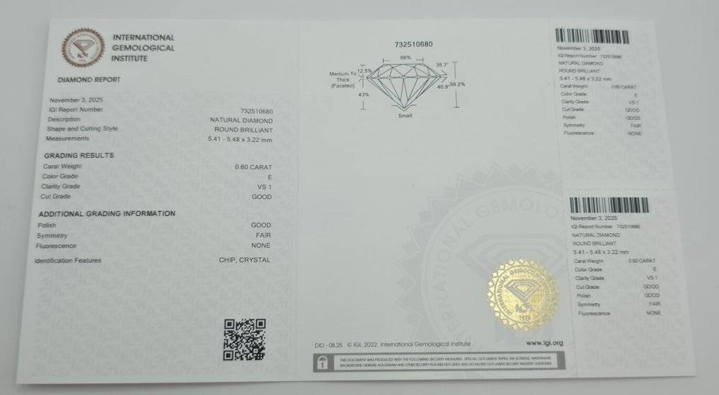 1 pcs 鑽石 (天然) - 0.60 ct - 圓形 - E(近乎完全無色) - VS1 - 國際寶石學院(International Gemological Institute (IGI)) #3.2