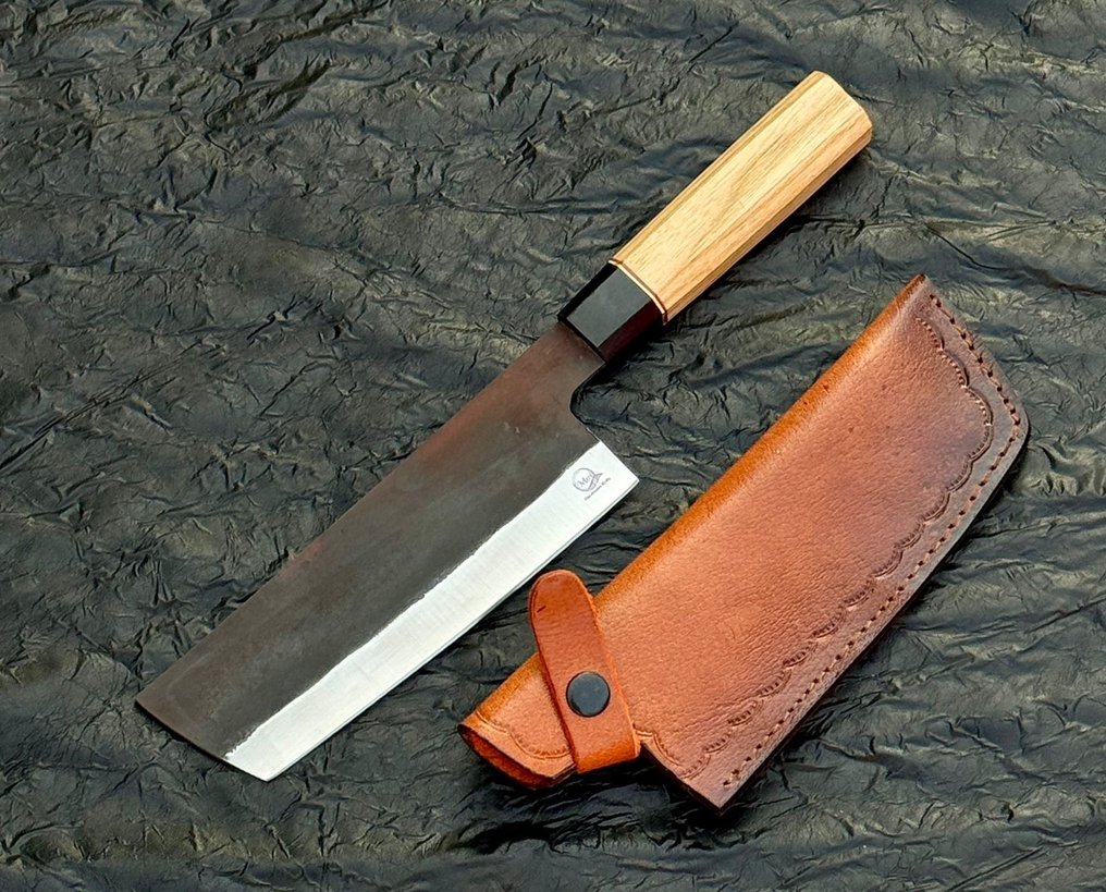 厨刀 - 日式风格。手工厨房刀，厨师刀，ASH木材。Risen Black，皮革10/451 - 亚洲 #3.2