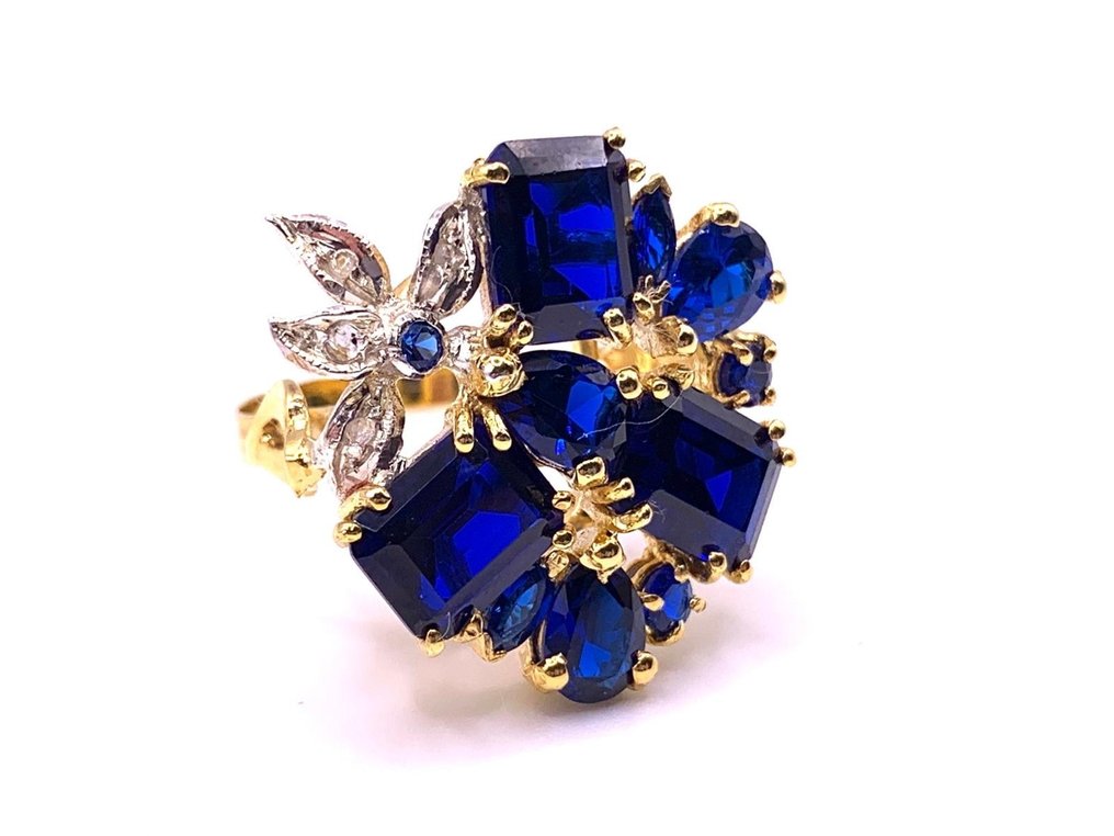 没有保留价 - 鸡尾酒戒指 - 9 kt. 黄金, 银 蓝宝石 - 蓝宝石 - Zaffiri - Diamanti #1.0