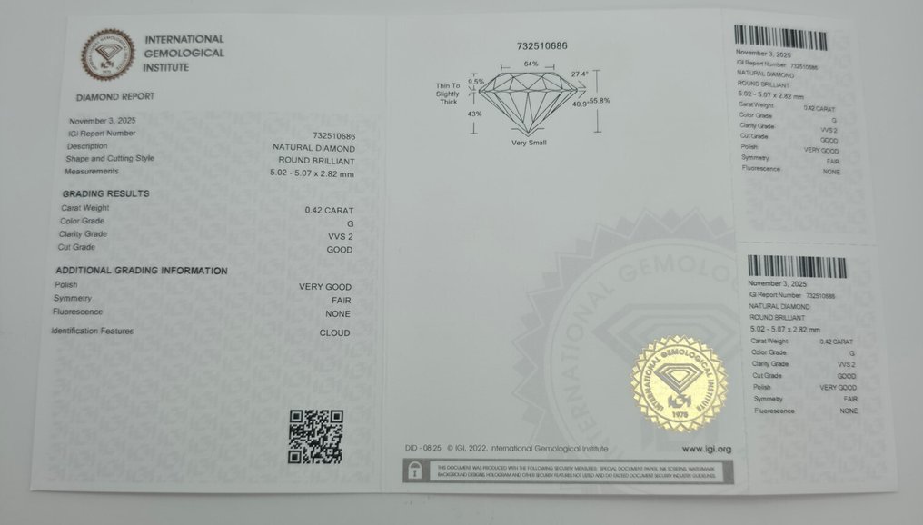 χωρίς τιμή ασφαλείας - 1 pcs Διαμάντι  (Φυσικό)  - 0.42 ct - Στρογγυλό - G - VVS2 - International Gemological Institute (IGI) #3.2