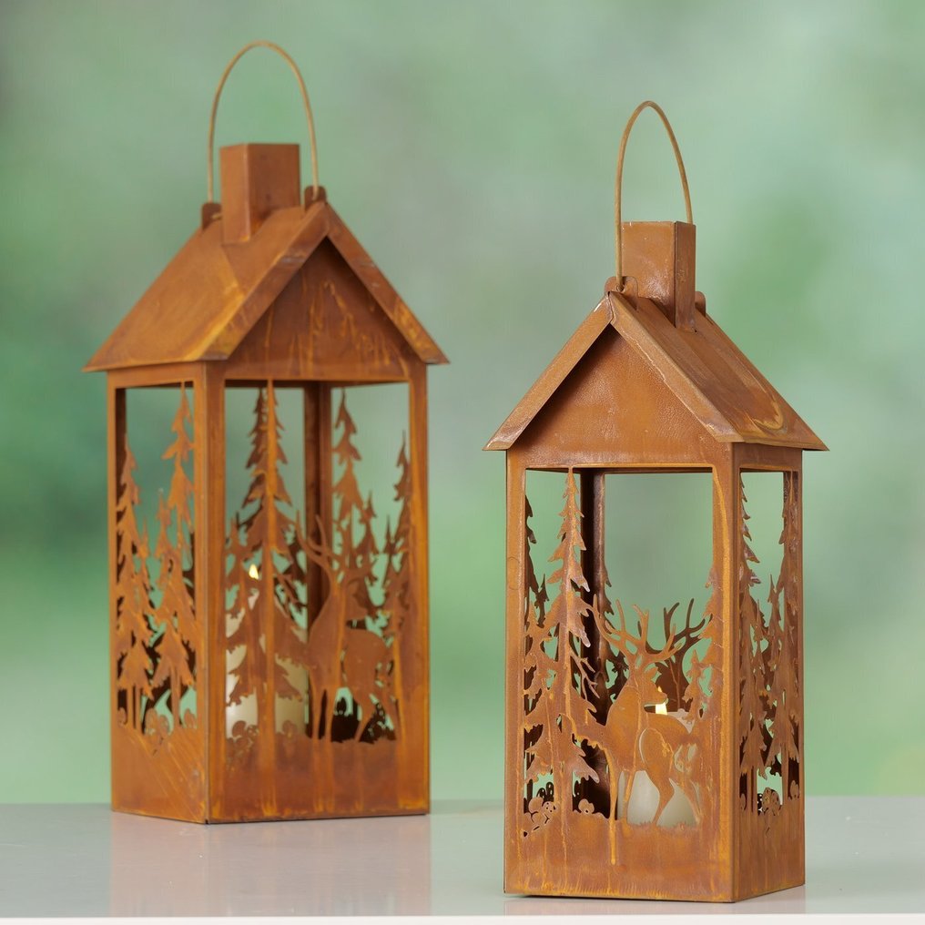 聖誕裝飾品 - 金属房子灯笼 - 木 #1.0