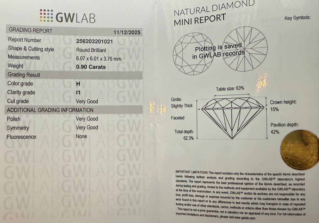 No reserve price - 1 pcs Diamond  (Natural)  - 0.90 ct - Round - H - I1 - Gemewizard Gemological Laboratory (GWLab) #2.1