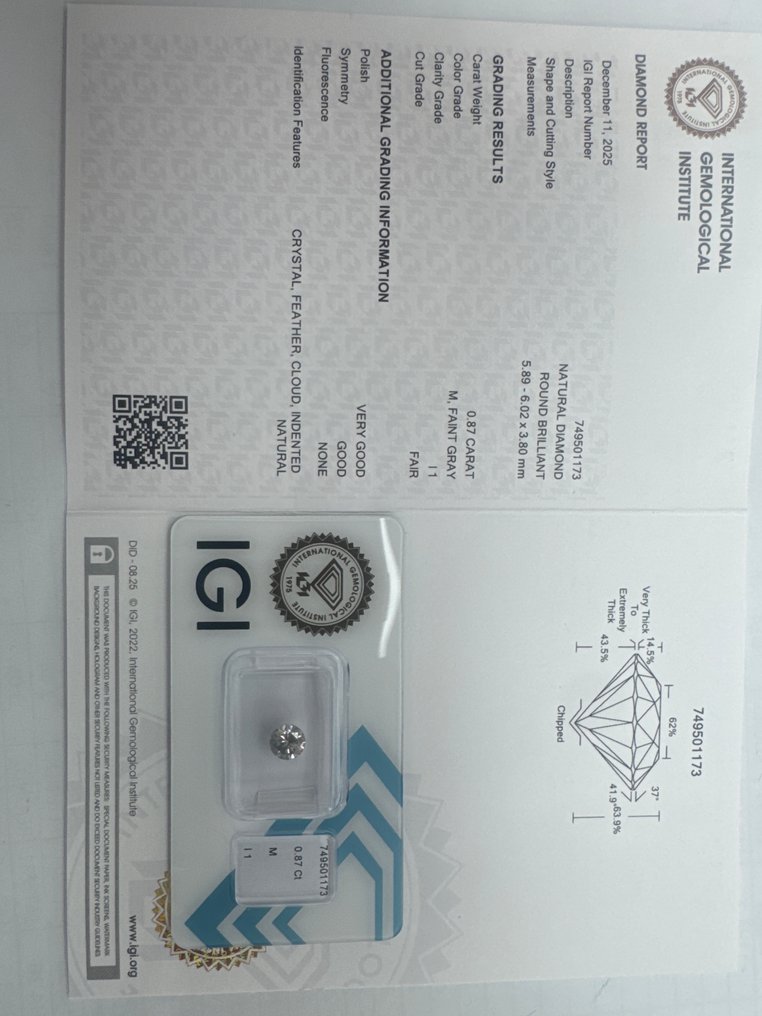 没有保留价 - 1 pcs 钻石  (天然)  - 0.87 ct - 圆形 - M - I1 内含一级 - 国际宝石研究院（IGI） #1.0