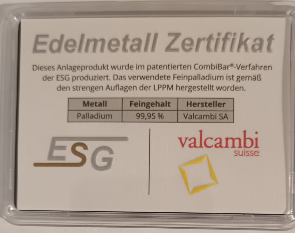 1 grammo - Palladio .999 - Valcambi, Switzerland - Sigillato e con certificato (Senza prezzo di riserva) #1.0