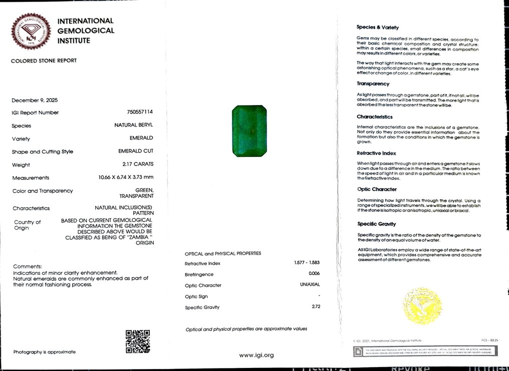 Zonder minimumprijs Smaragd  - 2.17 ct - International Gemological Institute (IGI) #2.1