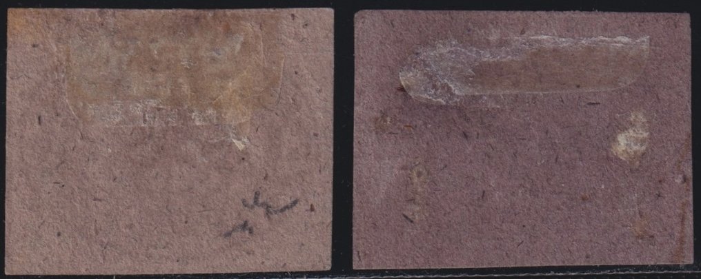 State Italiene Antice - Statul Papal 1864 - I^ Em. 1/2 b. v. gr. +1/2 b. violetto Sass 1A+1Aa foarte bine marginit, folosit în f. Chiav Ex Coll. #1.0