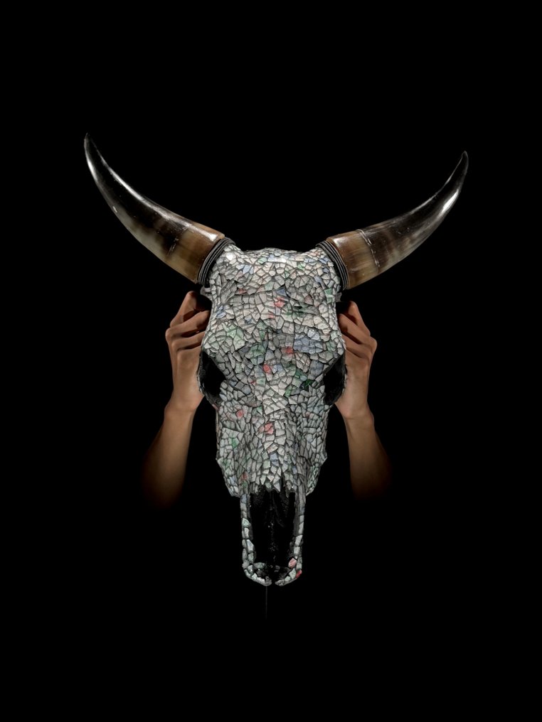 无底价 - 令人惊叹的牛头骨，镶嵌玻璃马赛克，粉彩绿色 頭骨 - Bos Taurus - 53 cm - 47 cm - 17 cm- 非《瀕臨絕種野生動植物國際貿易公約》物種 -  (1) #2.1