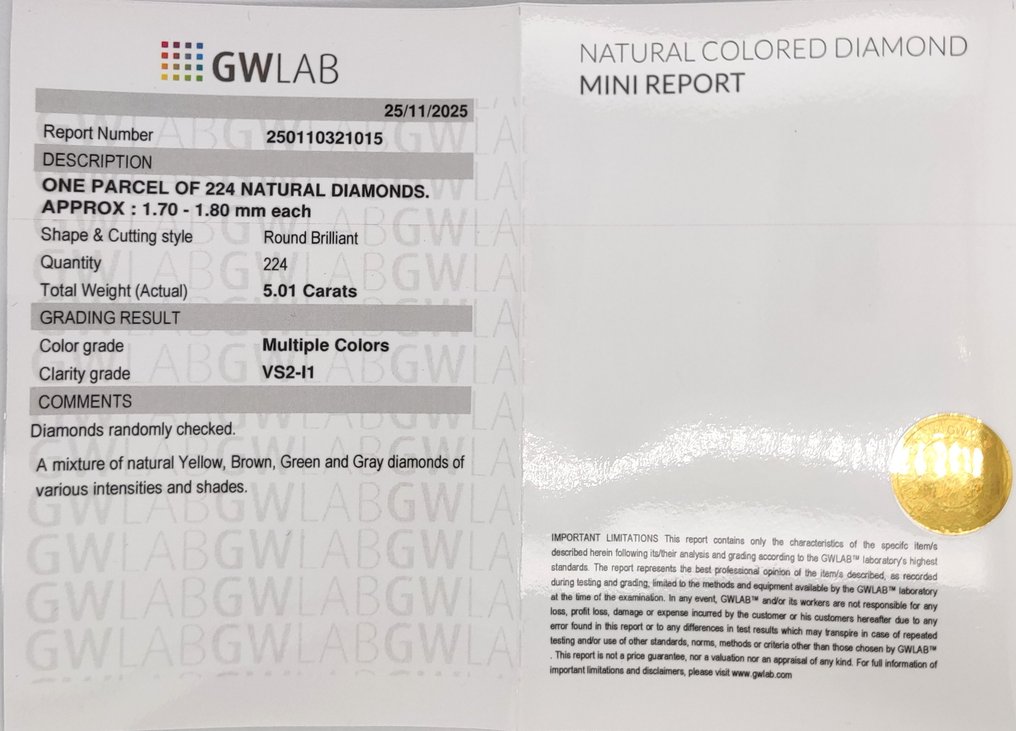 Ingen mindstepris - 224 pcs Diamant  (Naturfarvet)  - 5.01 ct - Rund Blandede farver - I1, VS2 - Gemewizard Gemological Laboratory (GWLab) #3.2