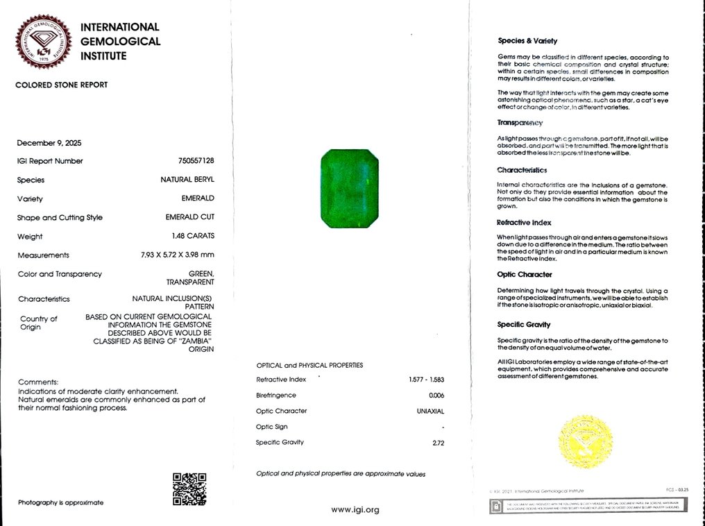 Ingen reservasjonspris Smaragd  - 1.48 ct - Det internasjonale gemologiske institutt (IGI) #2.1