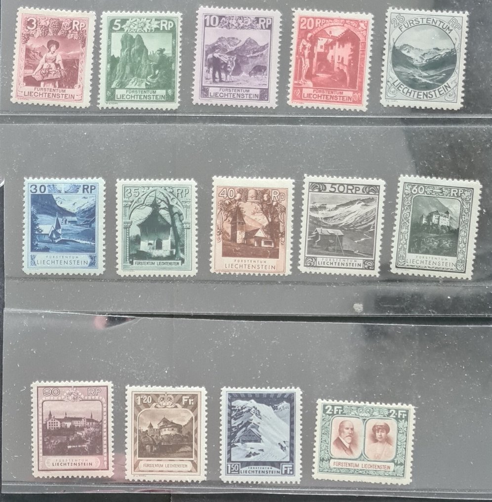 Liechtenstein 1930 - a975) Michel #94-107 VF 2Fr. stamp lightly thinned on 2 photos #1.0