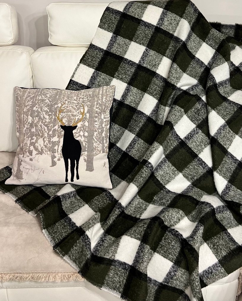 优雅的Vichy格子图案，采用温暖的羊毛制成——森林绿和白色。 - 毯子  - 150 cm - 125 cm #1.0