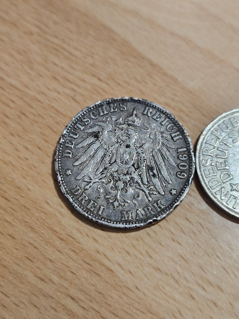Germania. Lot of 2 coins: 3 Mark 1909 & 5 Deutsche Mark 1969  (Senza prezzo di riserva) #2.1