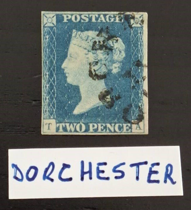 大不列顛 1840 - 维多利亚女王 - 2d 蓝色。多切斯特镇邮戳。无线条。"TA"。清晰面孔。 - Stanley Gibbons. 4/6 #2.1