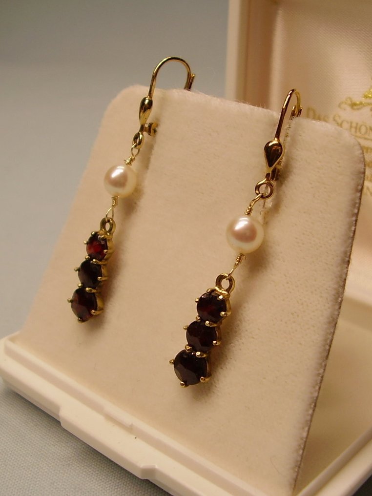 没有保留价 - 耳环 - 8K包金 黄金 -  5.80ct. tw. 石榴石 - 珍珠 - 博姆. 工作 1930/40 #2.1