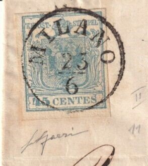 State Italiene Antice - Lombardo Veneto 1854 - 23 iun 45 c. Tipul albastru ardezie Sass 11 bine marginit pe coperta dură de Milano pentru Cividale. #1.0