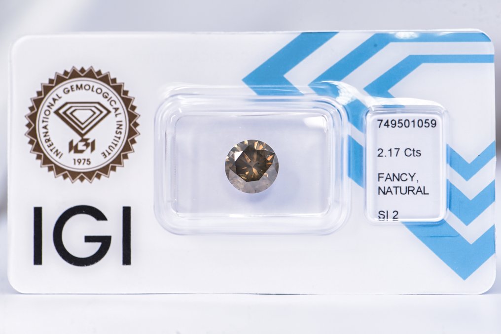 沒有保留價 - 1 pcs 鑽石  (天然彩色)  - 2.17 ct - 圓形 - Fancy deep 淡綠色, 淡褐色 黃色 - SI2 - 國際寶石學院（International Gemological Institute (IGI)） - VG VG VG #1.0
