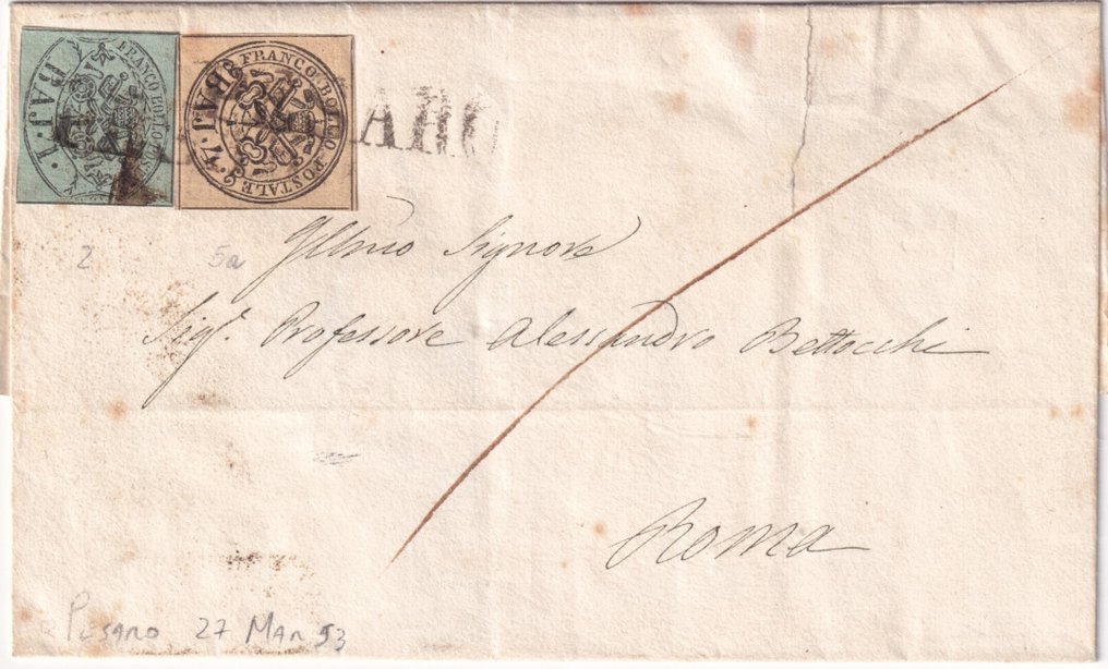 意大利古城邦-教皇国 1853 - 2023年3月27日 1+4 巴士。Sass 2+5a 在 Pesaro 至 Roma Ex Coll. Imperato 的班次，超额预订。 #1.0