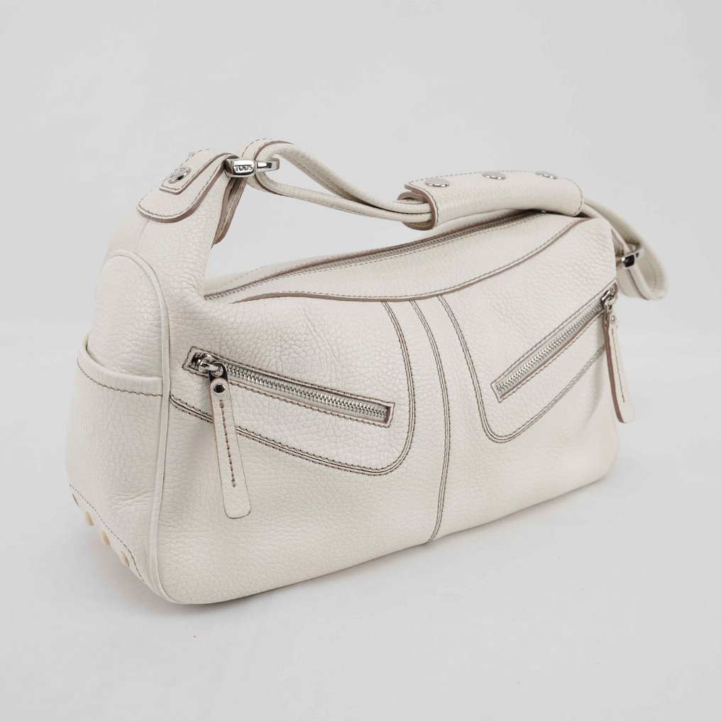 Tod's - White Pebbled Leather Shoulder Bag – Italian Craftsmanship, Double Zip Pockets - Shoulder bag #1.0