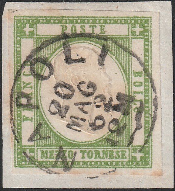 那不勒泰省 1861 - 1/2 茶匙 Sass 17 绿色，带边缘，曾在那不勒斯的片段中使用，来自 Sorani Ex Coll. Imperato Spl #1.0