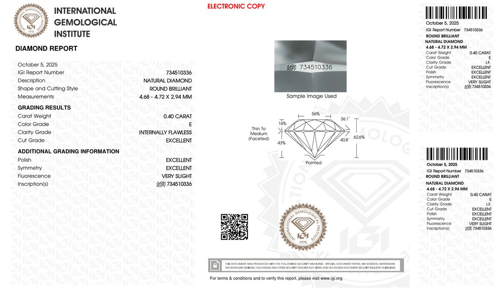 Nincs minimálár - 1 pcs Gyémánt  (Természetes)  - 0.40 ct - Kerek - E - IF - Nemzetközi Gemmológiai Intézet (IGI) - *3EX VSL* #2.1