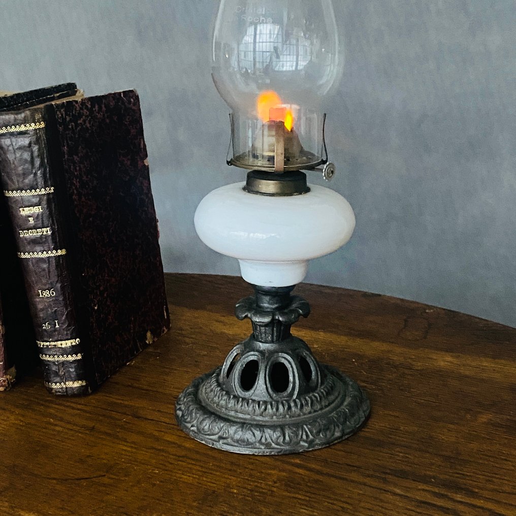Lampe à pétrole - Verre, ancienne lampe à pétrole fin XIXe siècle, Métal #3.2