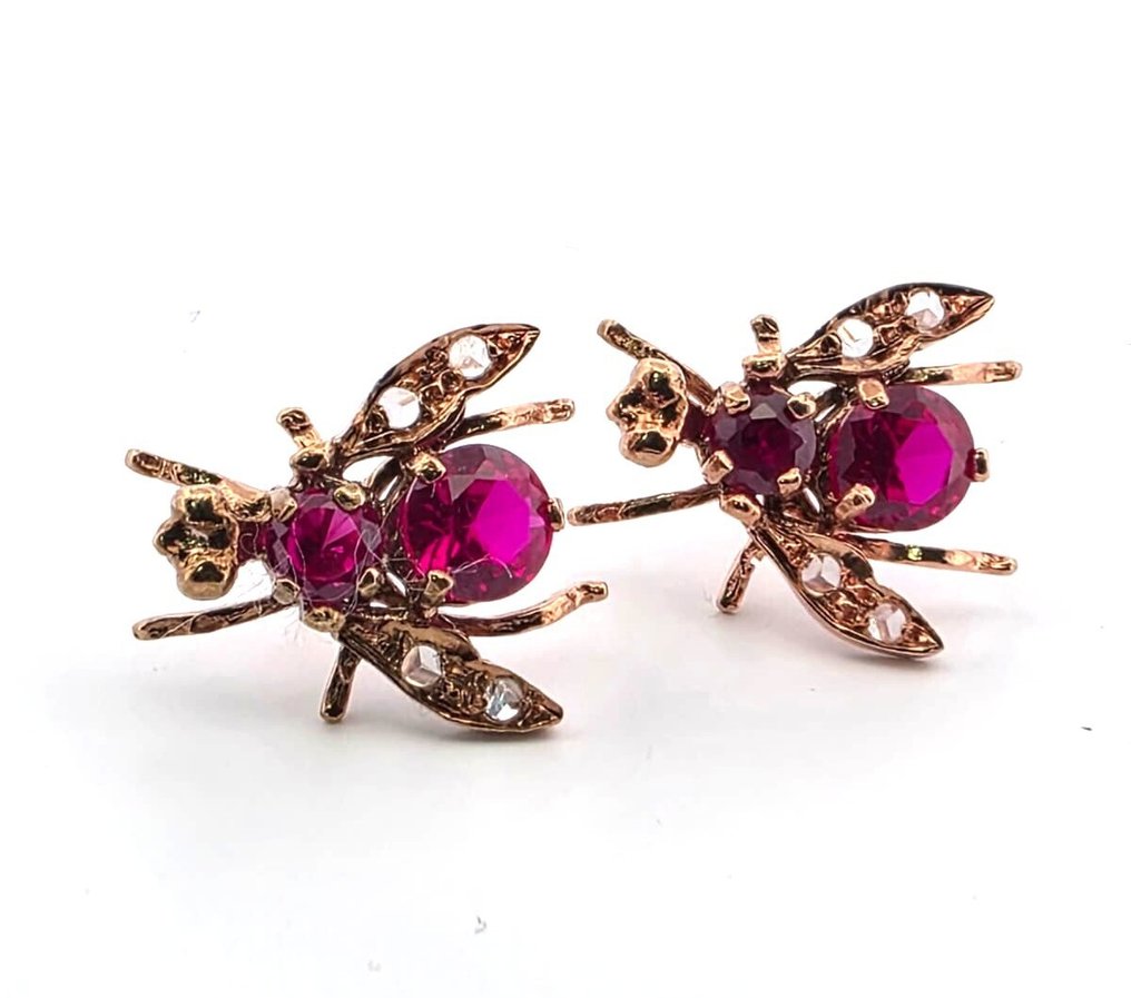 没有保留价 - 耳环 - 9 kt. 玫瑰金, 银 红宝石 - 钻石 #1.0