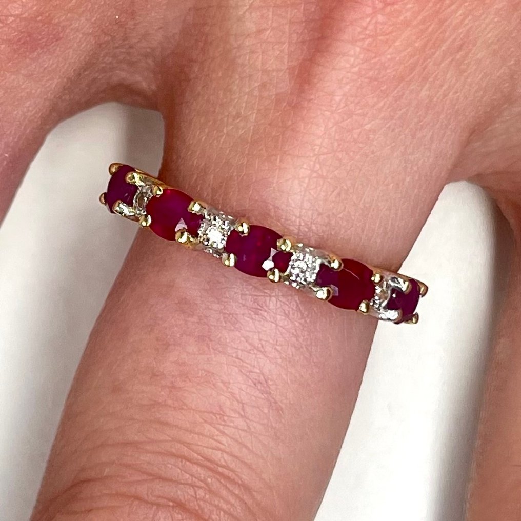 No reserve price - Ring - 18 kt. Yellow gold -  1.10ct. tw. Ruby - Diamond - half-rings #2.1
