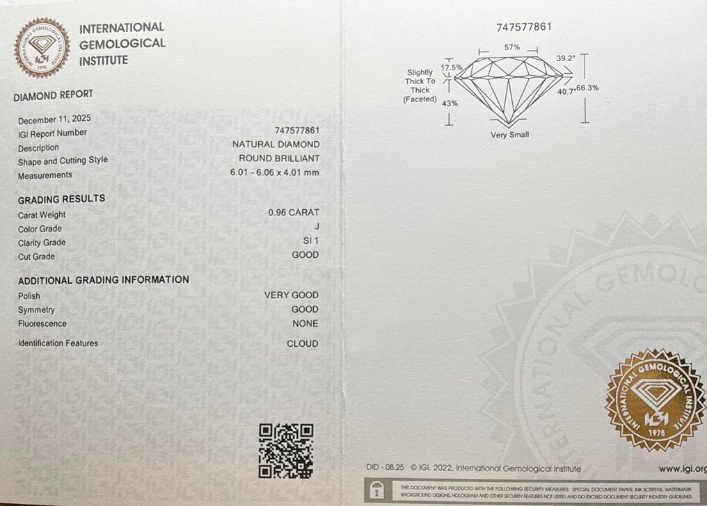 No reserve price - 1 pcs Diamond  (Natural)  - 0.96 ct - Round - J - SI1 - International Gemological Institute (IGI) #2.1